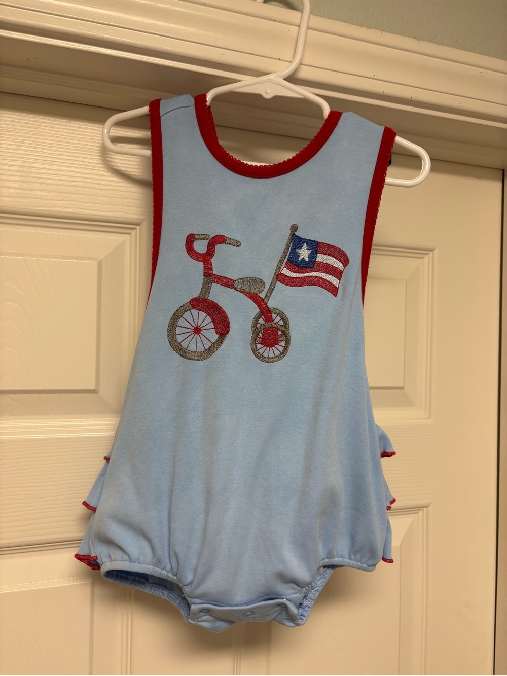 Three Sisters Baby Girl Blue Bubble Sunsuit Flag Fourth of July America 24 month